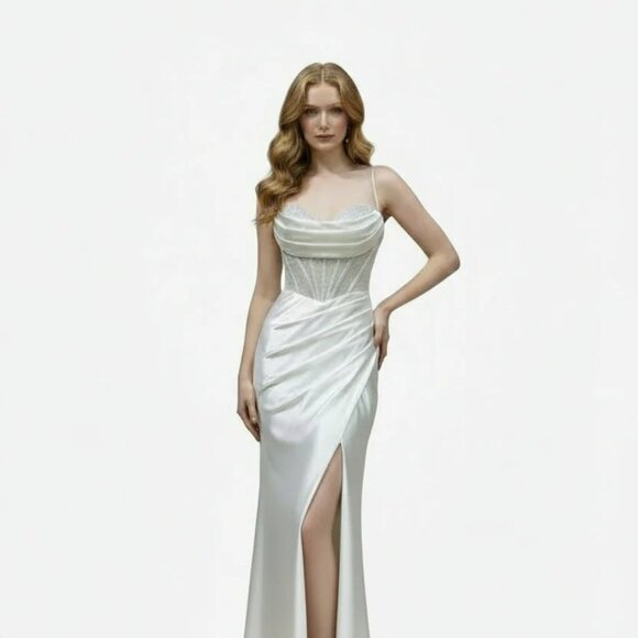 New Sheath Sleeveless White Bridal Dress w/ Pleated Sweetheart Neck TC TL3048L - Picture 1 of 9